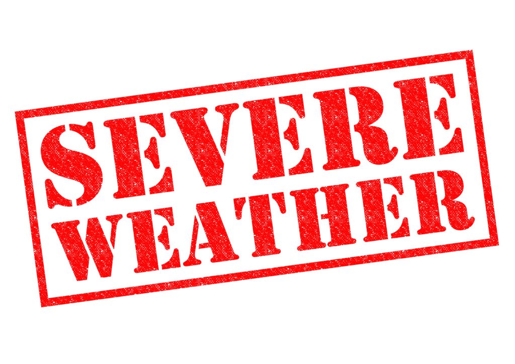 Severe weather warning stamp emphasizing the importance of HVAC preparation for California storms.