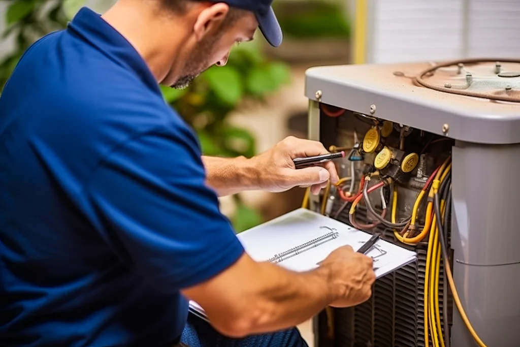HVAC technician inspecting air conditioning unit with tools and maintenance checklist, representing expert HVAC installation and repair services.