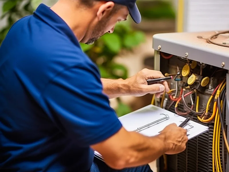 HVAC technician inspecting air conditioning unit and taking notes for repair service in Sacramento, CA.
