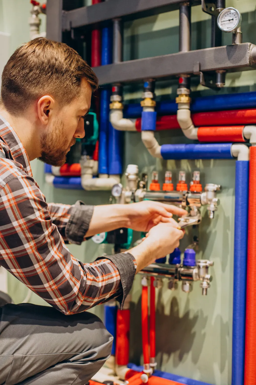 Young engineer adjusting heating system components with colorful pipes in HVAC setup, emphasizing furnace repair and maintenance expertise.