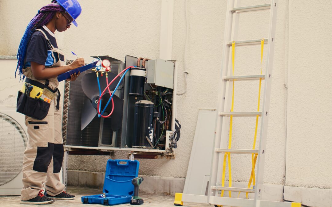 Technician inspecting air conditioning unit with tools in Elk Grove, emphasizing HVAC repair services.