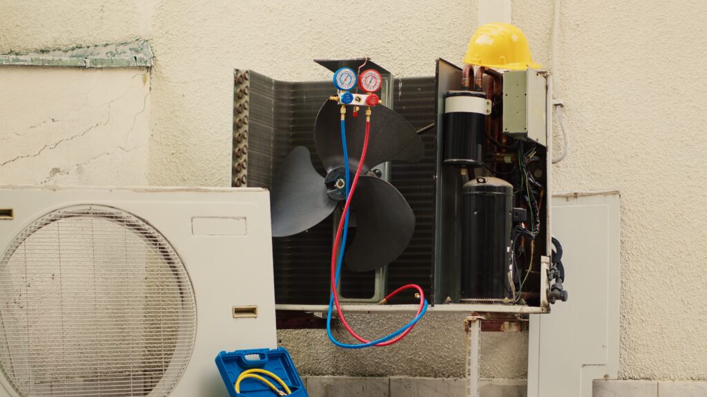 Commercial heating system unit with fan, pressure gauges, and maintenance tools, illustrating the importance of HVAC upgrades for energy efficiency and reliability in businesses.