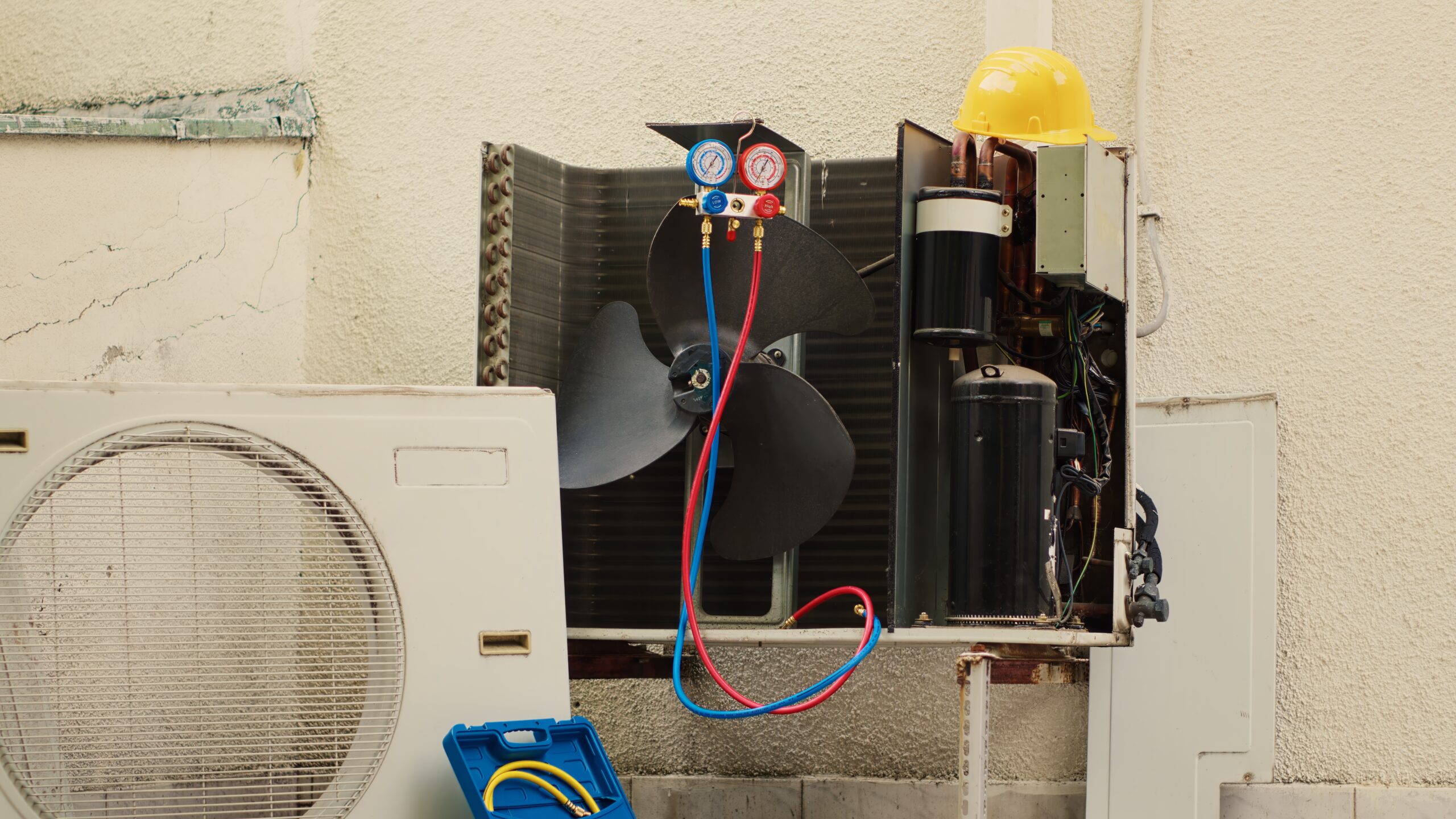 HVAC system components with fan, pressure gauges, and tools, highlighting commercial heating upgrades for improved efficiency.