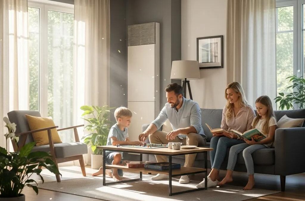 Family enjoying quality time indoors with a modern HVAC unit in the background, highlighting comfort in a well-designed living space.