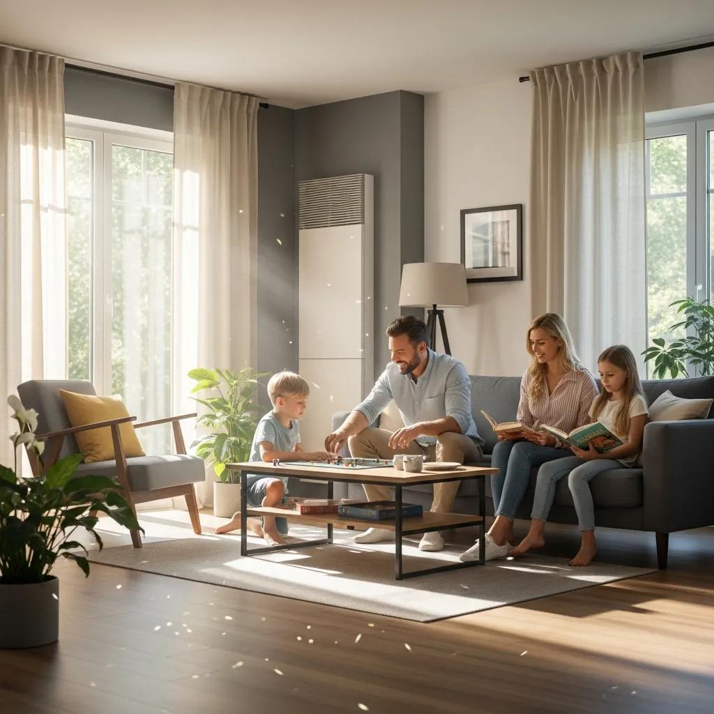 Family enjoying quality time indoors with a modern HVAC unit in the background, emphasizing comfort and relaxation in a well-lit living space.