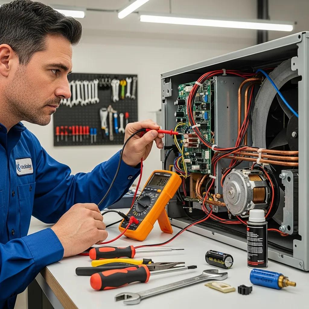 Technician diagnosing HVAC unit with multimeter, tools, and parts visible, emphasizing repair services in Sacramento.