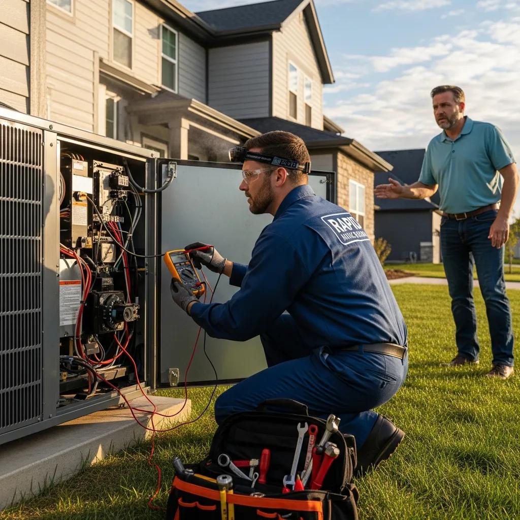 HVAC technician diagnosing an emergency unit with concerned homeowner in background, highlighting urgent repair services and safety compliance.