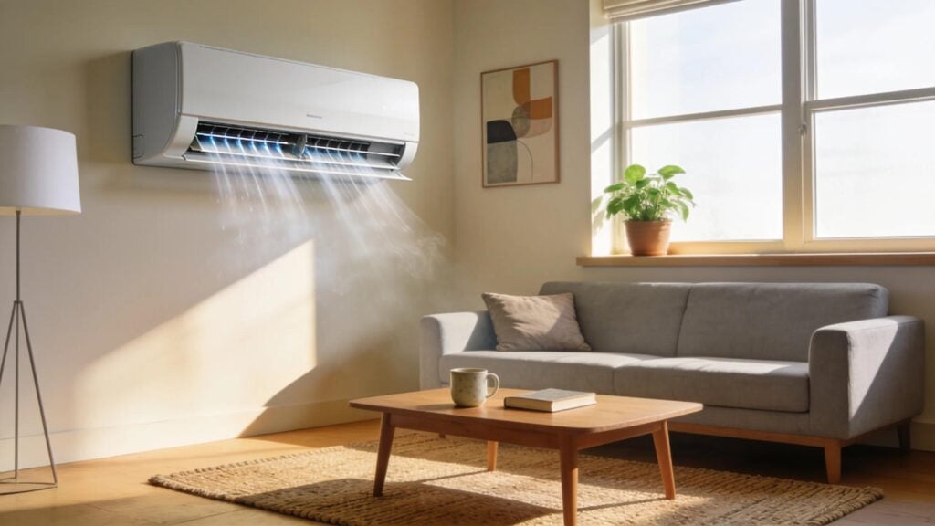 Cozy living room with air conditioning unit in a warm and sunny setting, showcasing comfort and efficiency