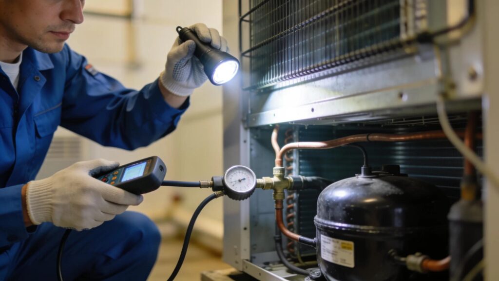 HVAC technician inspecting air conditioning unit for refrigerant leaks
