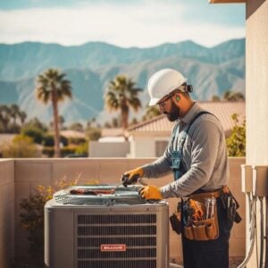 HVAC technician servicing an air conditioning unit in Coachella Valley, showcasing local expertise