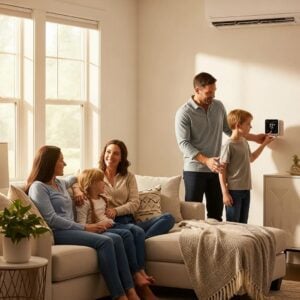 Family enjoying a comfortable home with a modern HVAC system, emphasizing affordability and comfort