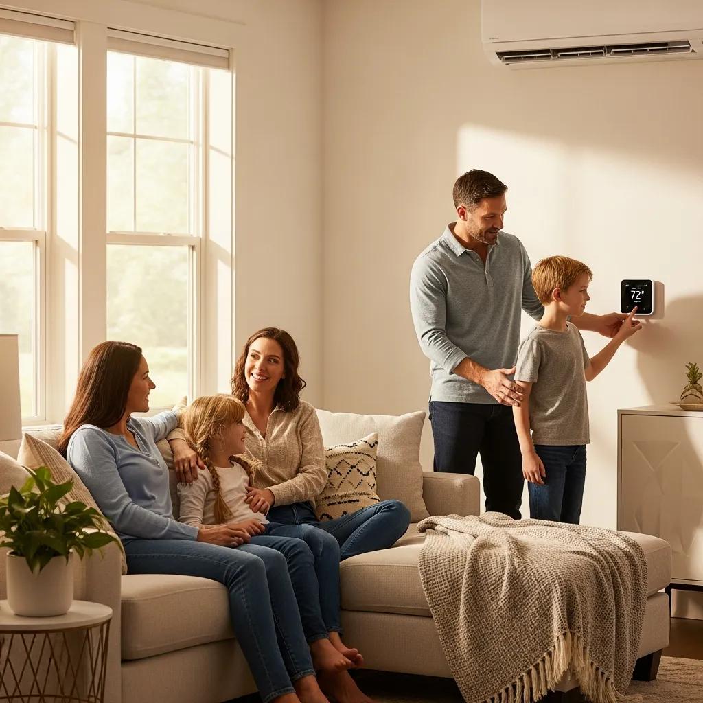 Family enjoying a comfortable home with a modern HVAC system, emphasizing affordability and comfort