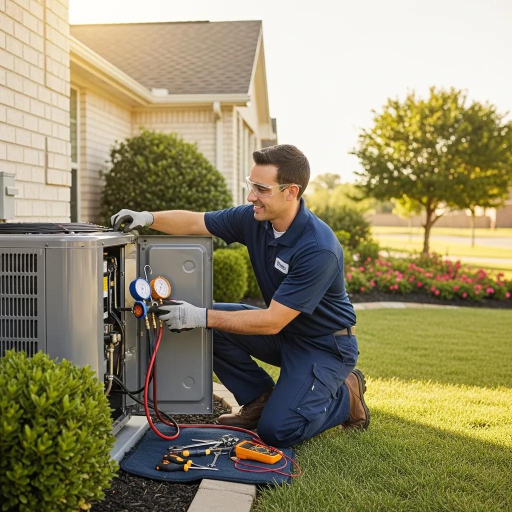 HVAC technician inspecting an air conditioning unit in a residential setting, showcasing affordable repair services