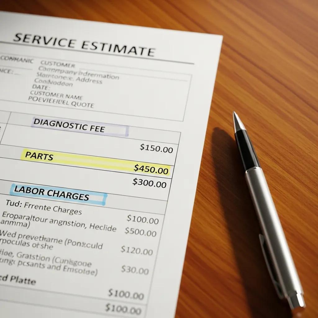 Close-up of an HVAC service quote showing diagnostic fees and labor charges