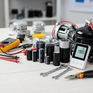 HVAC parts and tools on a workbench, illustrating common repair costs