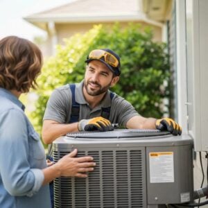 Technician inspecting HVAC unit in a residential setting, highlighting affordable repair services